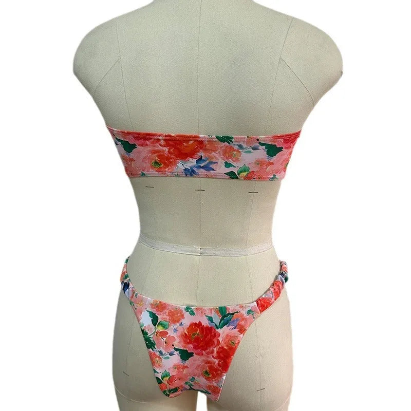 Women's tube top bikini set with lace trim in blue, yellow, pink, and floral print colours.