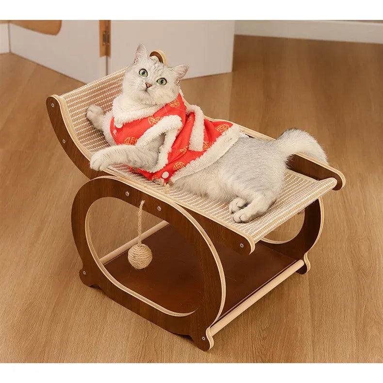 Solid wood cat scratching mat with sisal surface and integrated lounging bed in walnut colour finish