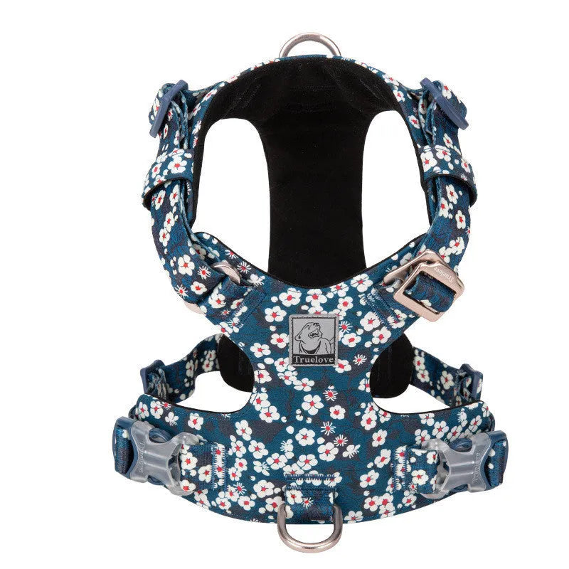 Floral pattern cotton pet harness with chest strap on dog during walk