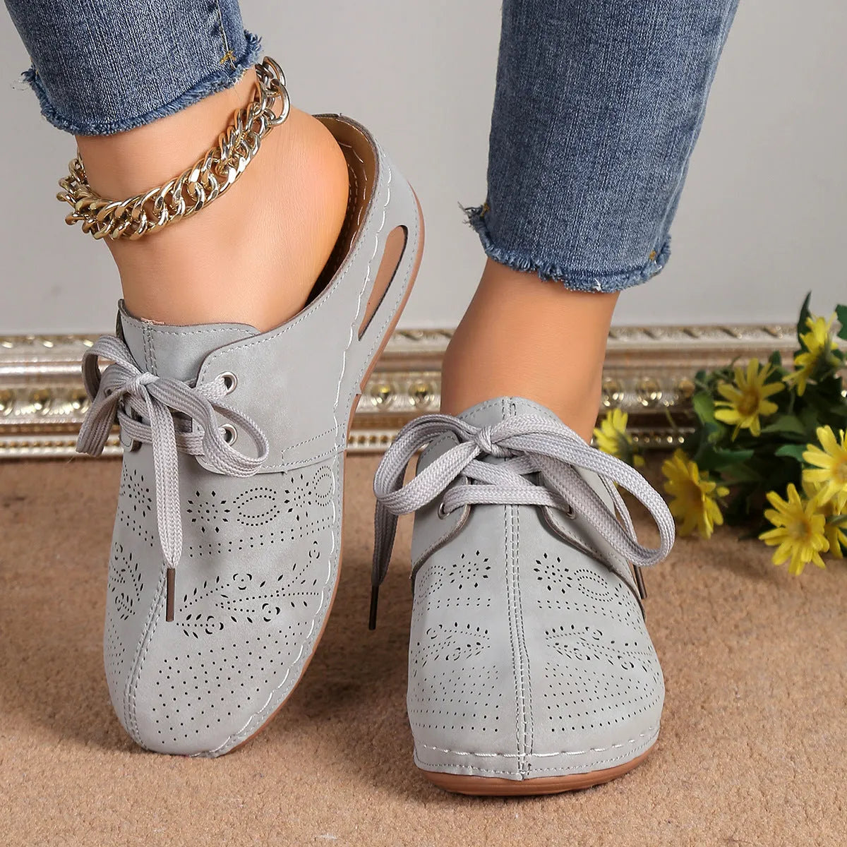 Women's lace-up wedge slippers with hollow-out suede upper and rubber sole