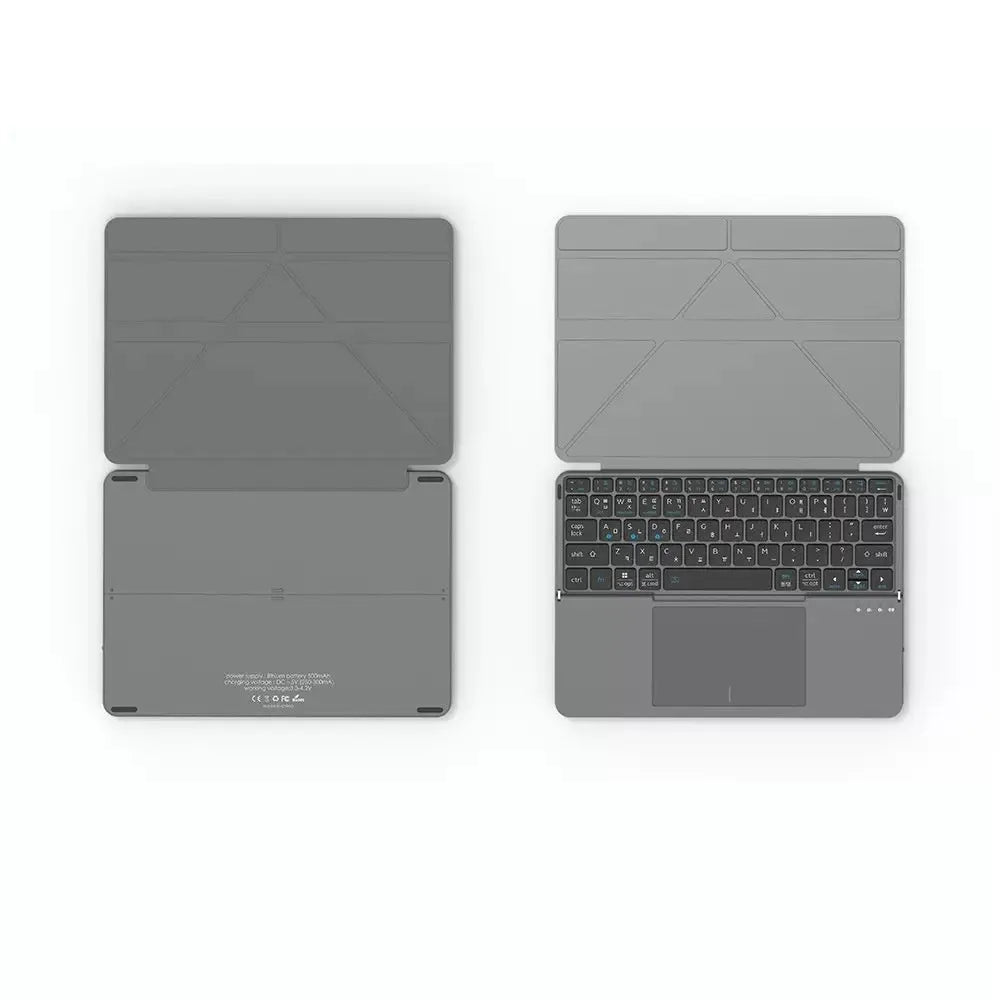 Grey wireless Bluetooth folding keyboard for mobile phones and tablets showing folded and unfolded positions