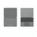 Grey wireless Bluetooth folding keyboard for mobile phones and tablets showing folded and unfolded positions