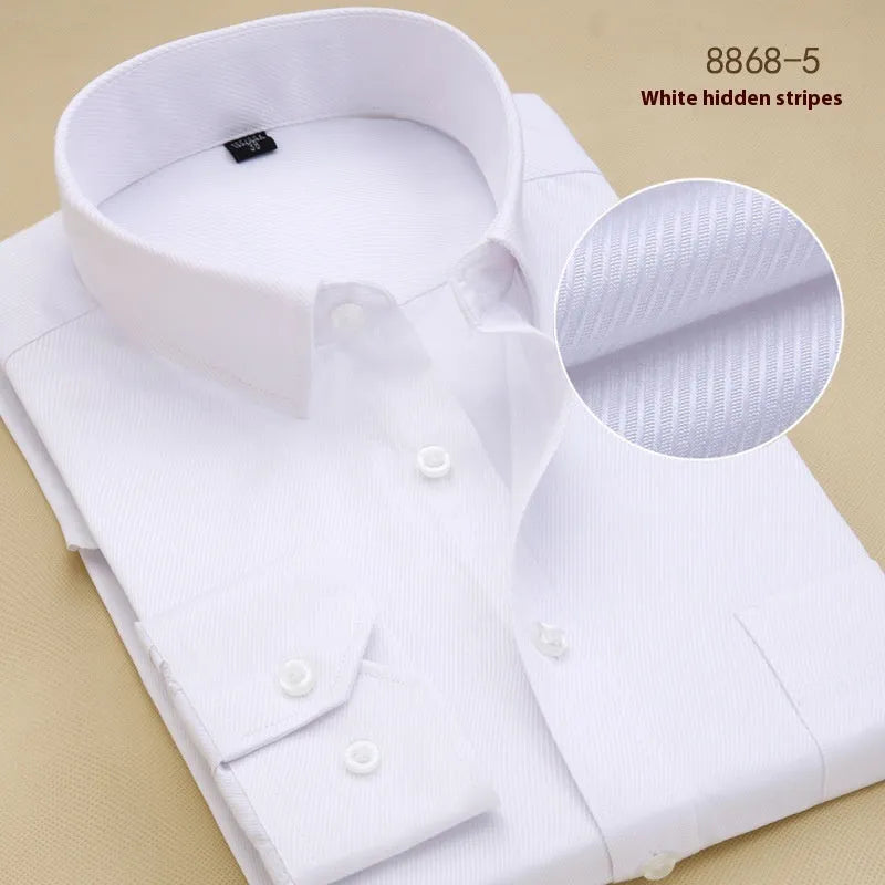 Men's black slim-fit long-sleeve cotton business shirt for professional work attire.