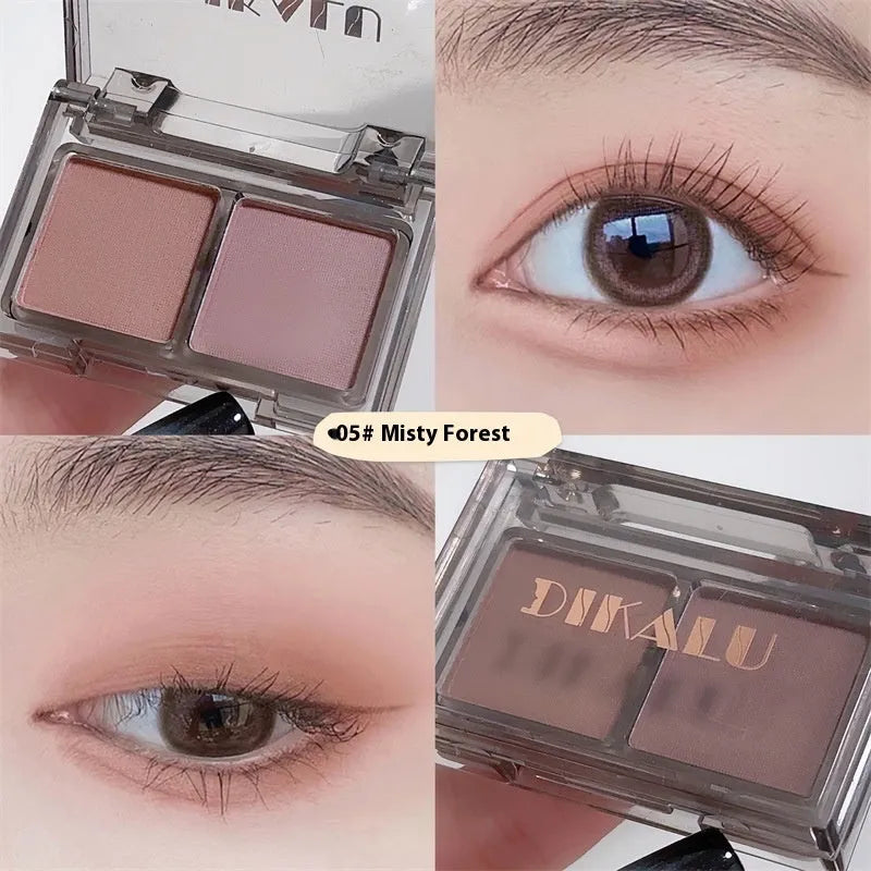 Cool two-tone eyeshadow palette showing pink and black matte and shimmer pressed powder in a single compact.