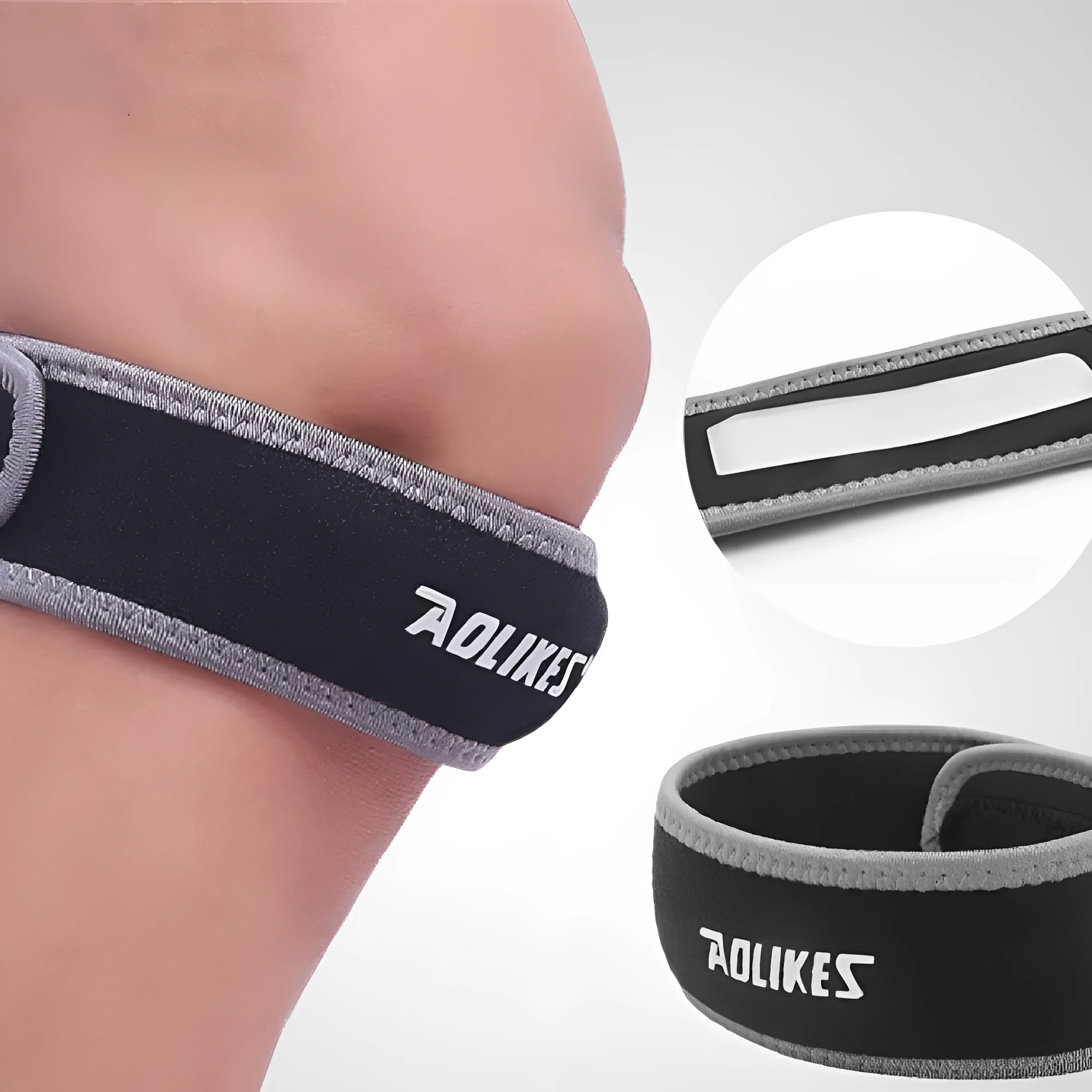 Black and grey adult patella retinaculum knee support for running cycling football sports