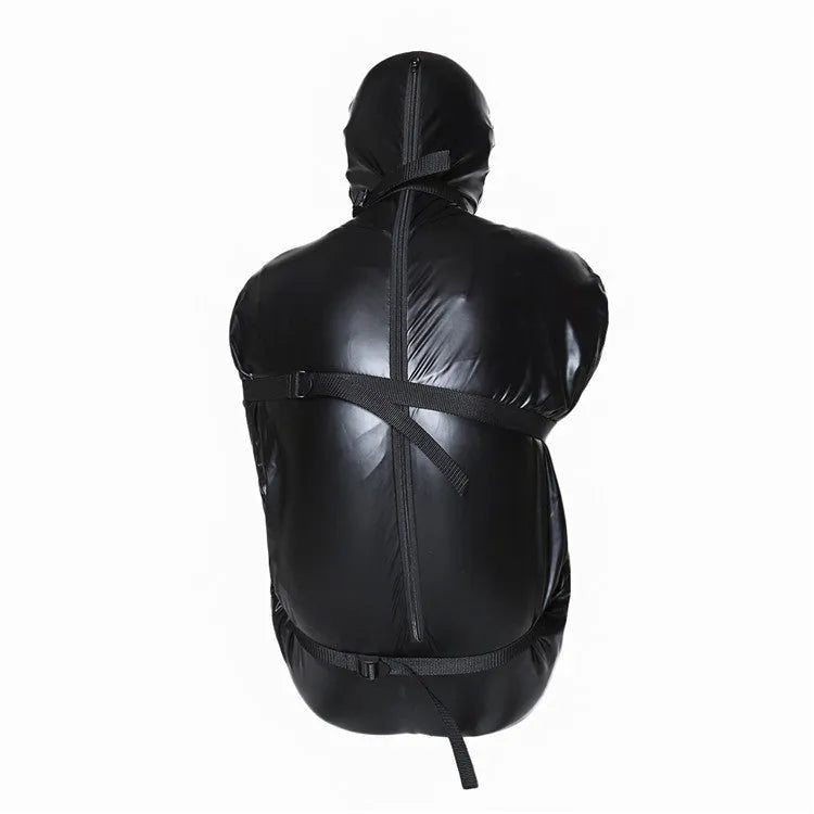 Black patent leather bondage set with leak nostril clothing and six ratchet tie down straps