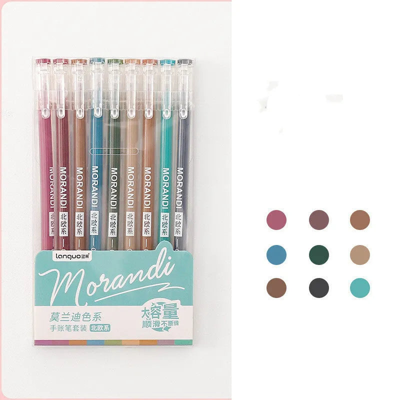Set of nine Japanese-style colour gel pens with 0.5mm needle tips, showing retro and solid colour designs.