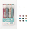 Set of nine Japanese-style colour gel pens with 0.5mm needle tips, showing retro and solid colour designs.