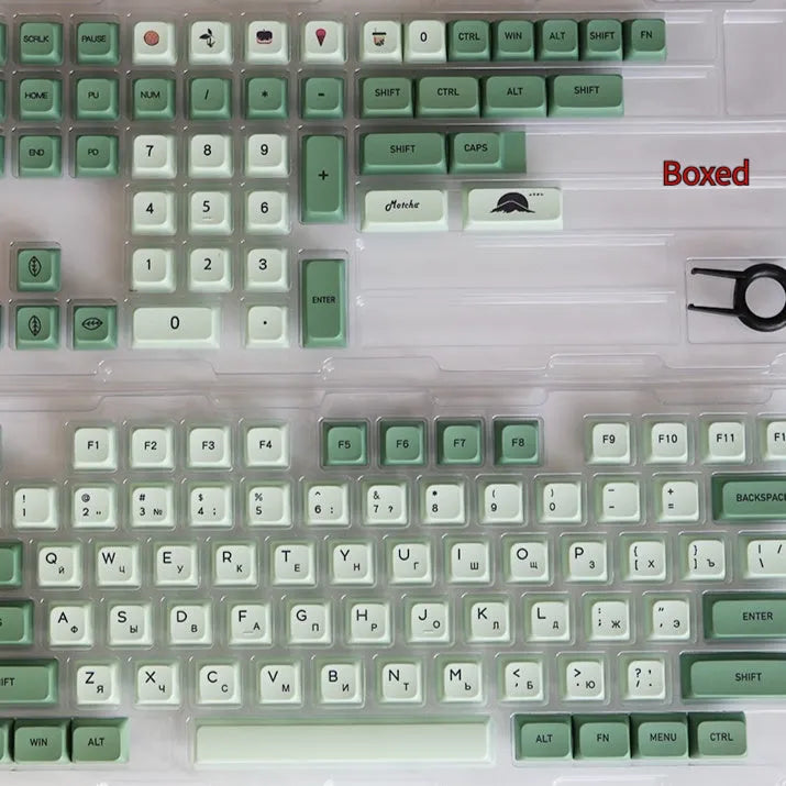 Matcha green PBT keycap set with 124 keys for mechanical keyboards, showing sublimation dye legends.