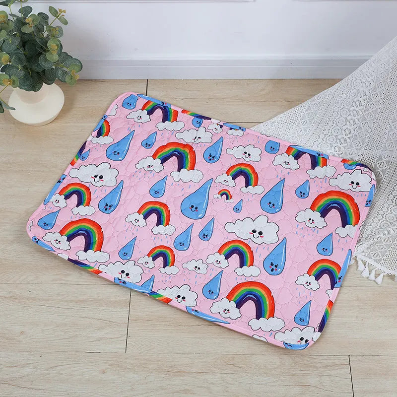 Reusable washable pet urine pad with animal print design and waterproof layer.