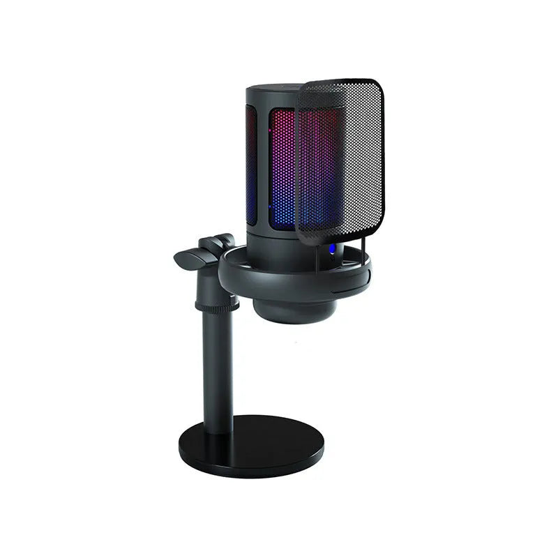 USB condenser microphone with LED lighting effects in multiple colour configurations including standard, mesh, and cantilever options