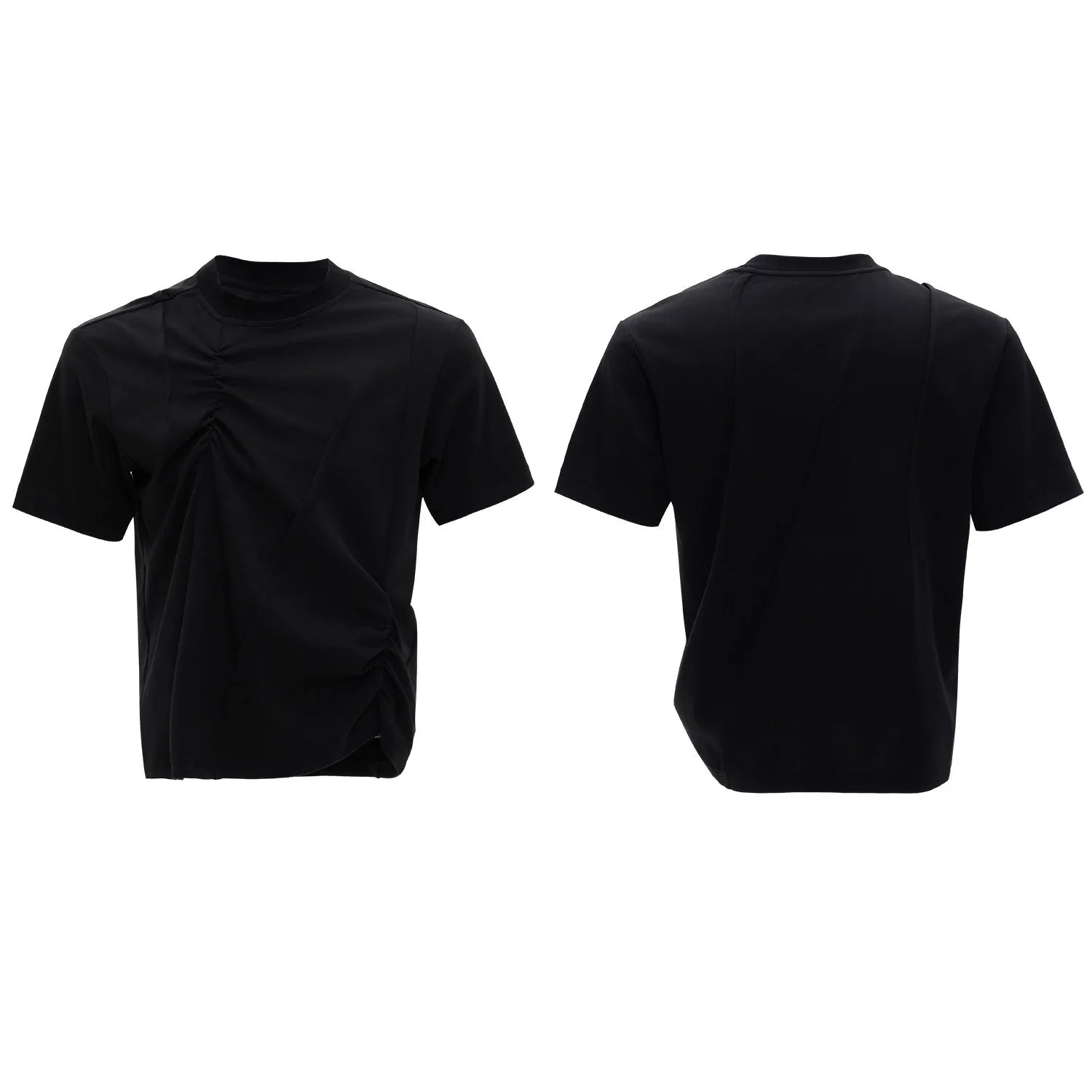 Men's loose fit cotton T-shirt with pleated detail and asymmetric stitching on a round neck, in solid black colour.