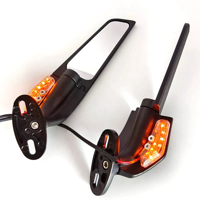 SH-620-5 motorcycle rearview mirror reflector with integrated yellow light, showing aluminium alloy body and convex glass lens