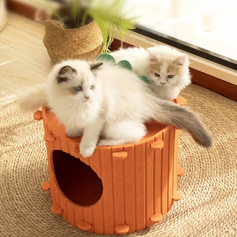 Carrot-shaped felt cat nest and tunnel cattery in semi-enclosed design