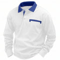 Man wearing a long-sleeve waffle-texture polo shirt in a loose retro fit, showing asymmetric design detail.