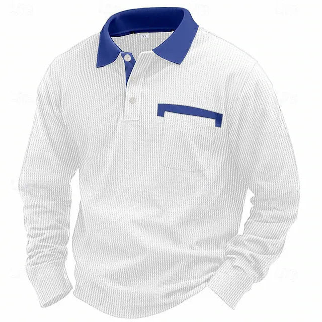Man wearing a long-sleeve waffle-texture polo shirt in a loose retro fit, showing asymmetric design detail.