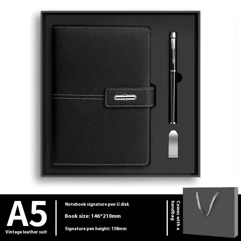 A5 notebook with imitation leather cover in multiple colour options including black, red, green, blue, and orange.