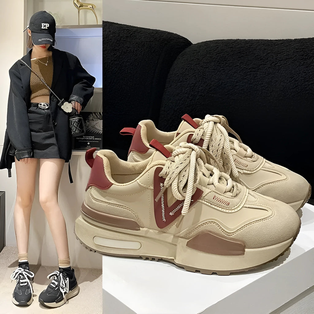 Women's black and khaki red retro platform sports shoes with round toe and lace-up front.