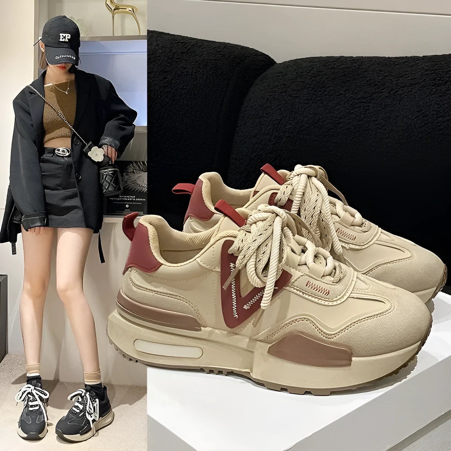 Women's black and khaki red retro platform sports shoes with round toe and lace-up front.