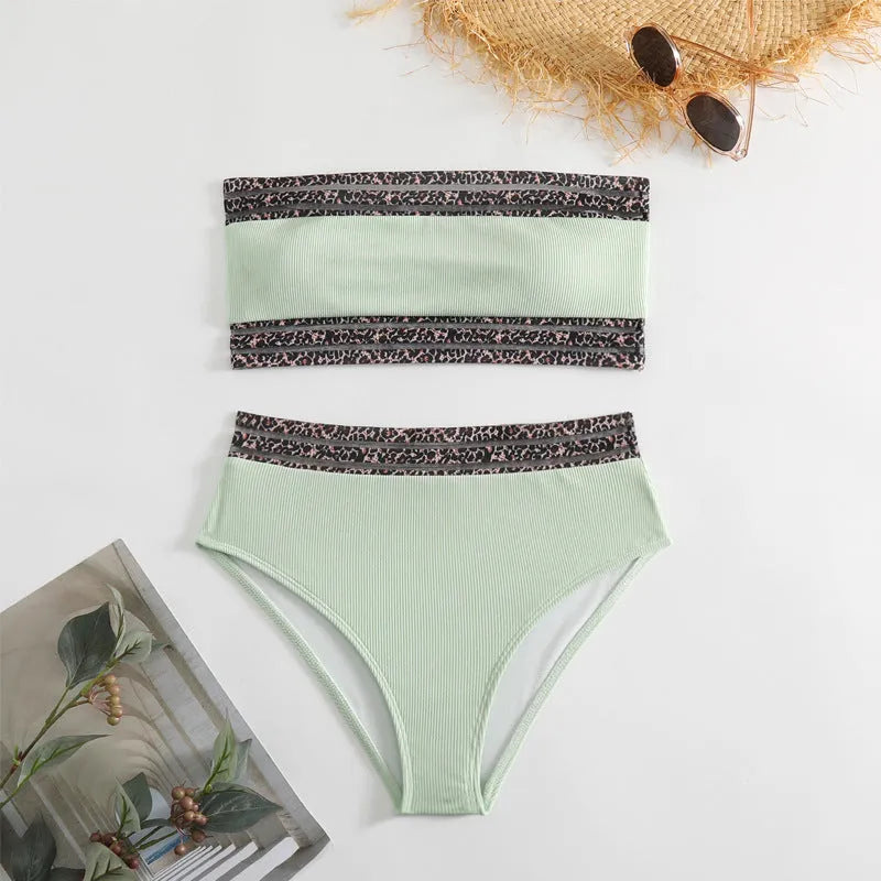 Black strapless leopard print bikini set with briefs shorts