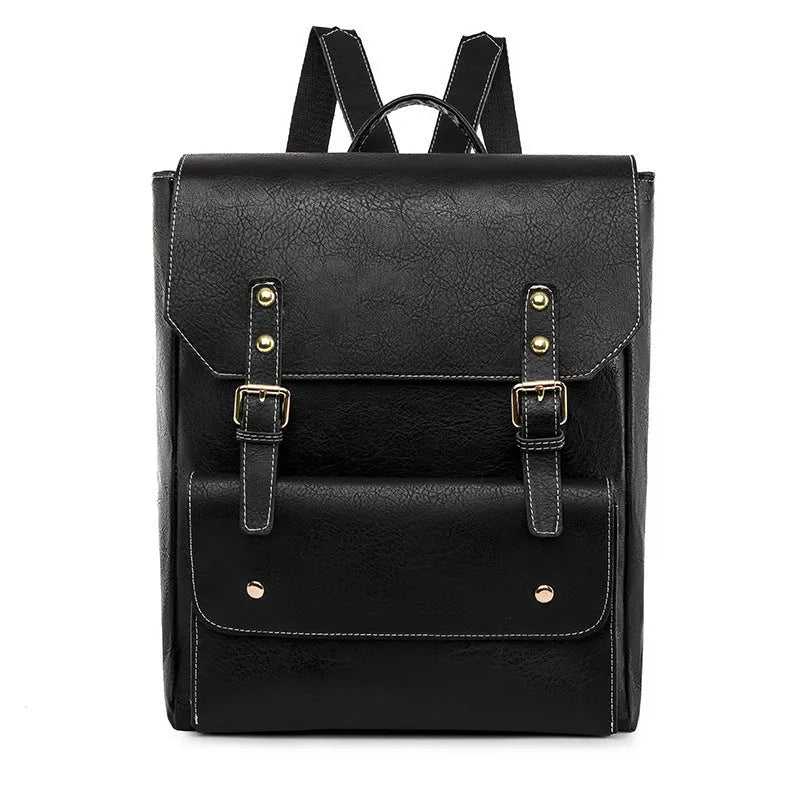 Korean retro style backpack in soft PU leather showing ventilation features and available colour options