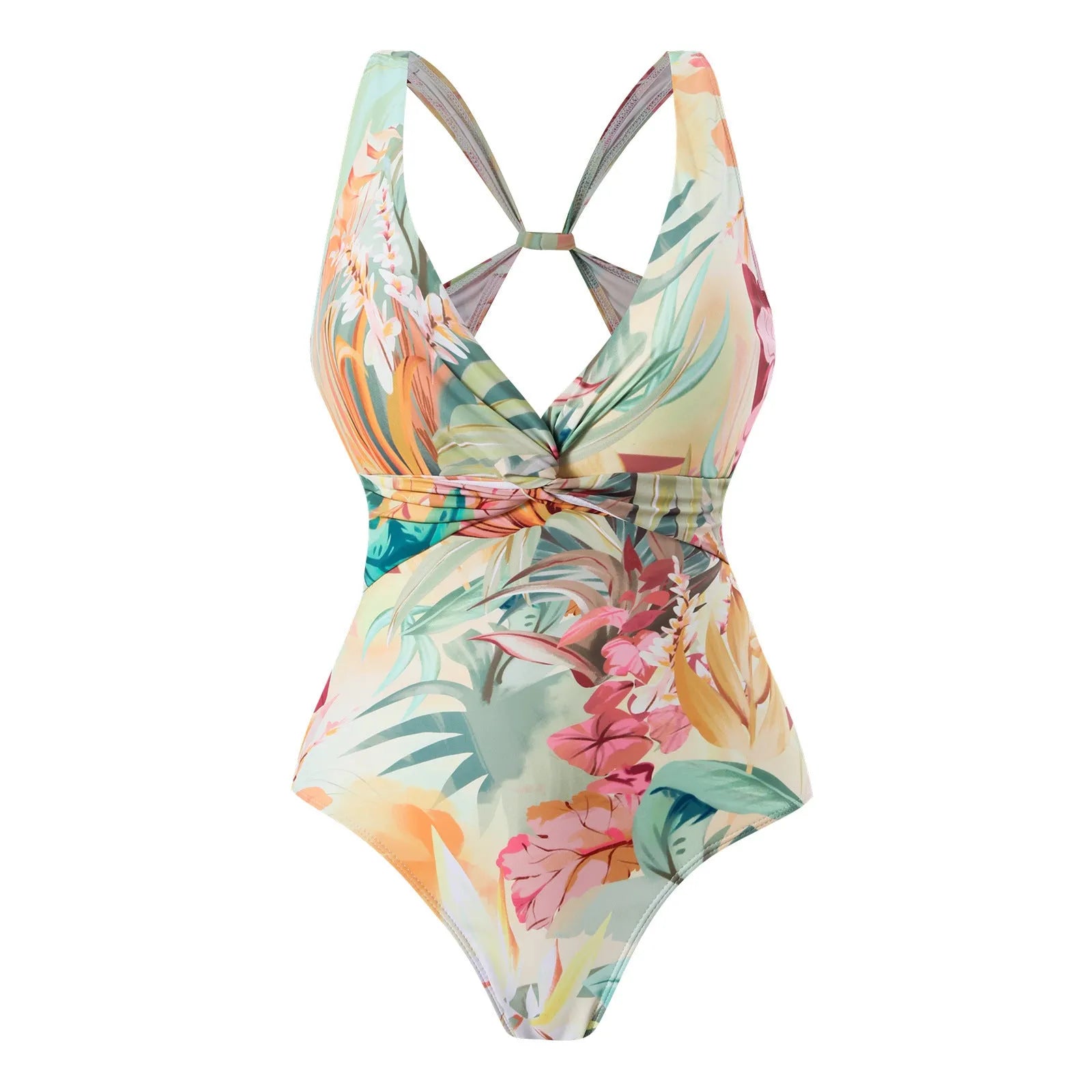 Women's vintage floral print one-piece swimsuit with short sleeves and conservative cut