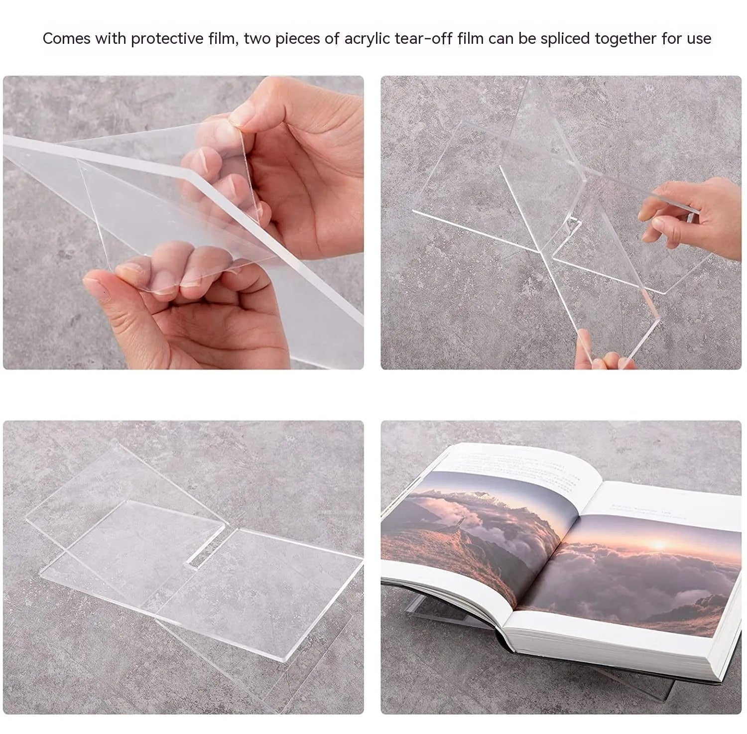 Clear acrylic X-shaped book reading rack holding books on a desk.