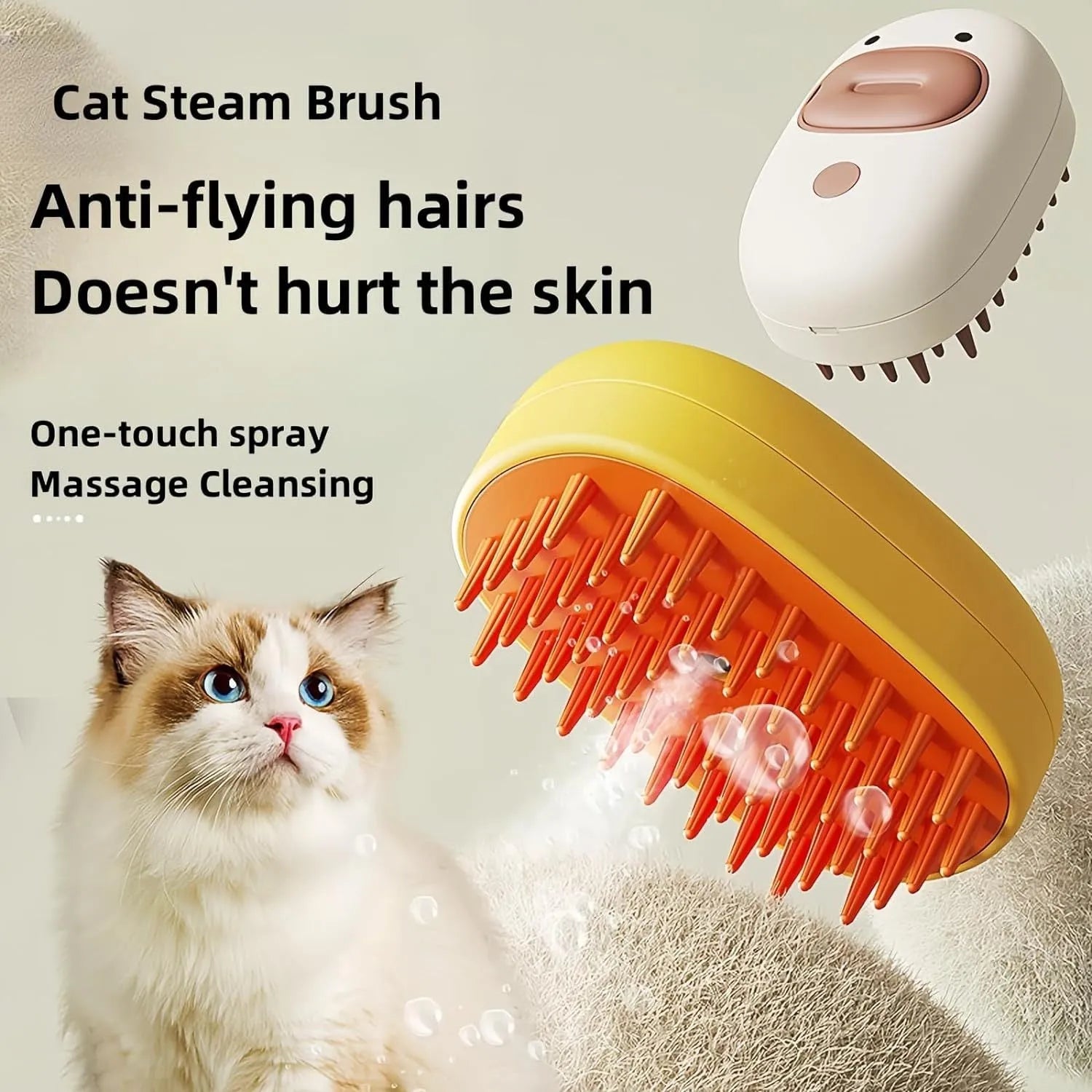 White rechargeable steam pet brush for dogs and cats with rubber comb teeth and water tank