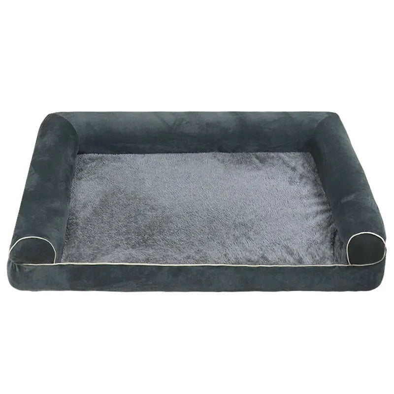 Square blue cloth dog bed with sponge filling for a large dog, showing its dimensions.