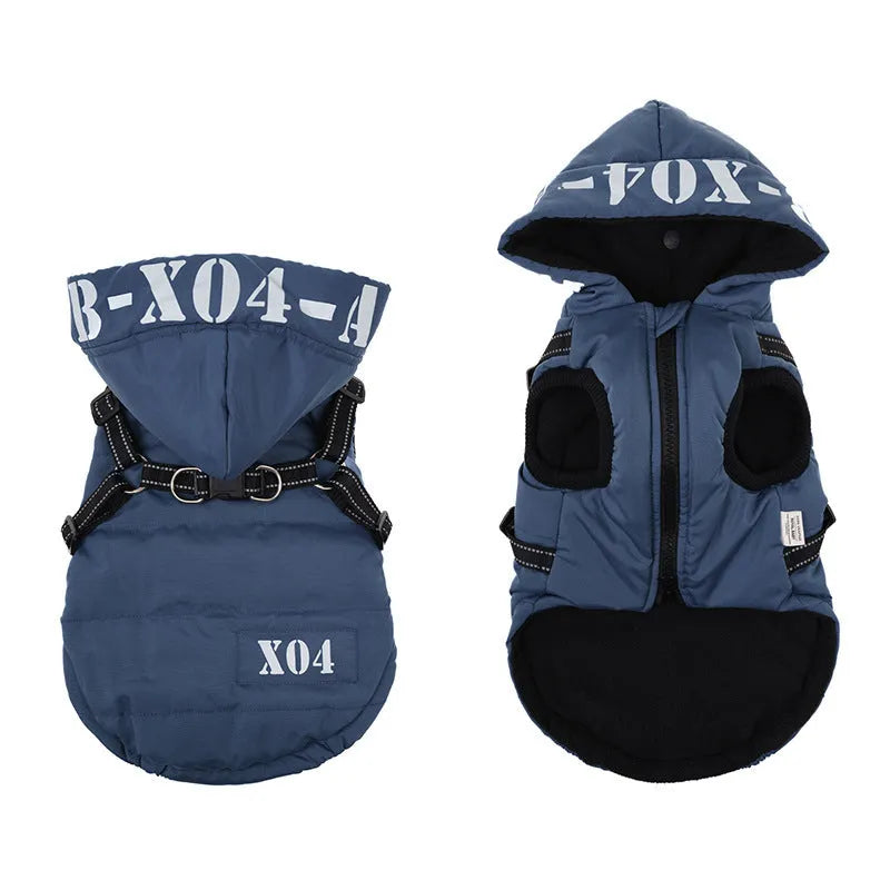 Fleece-lined waterproof dog winter jacket with hood in red colour on small dog