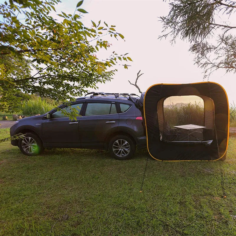 Black pop-up outdoor camping car tail tent with quick throw design unfolded to 200x200x200cm dimensions
