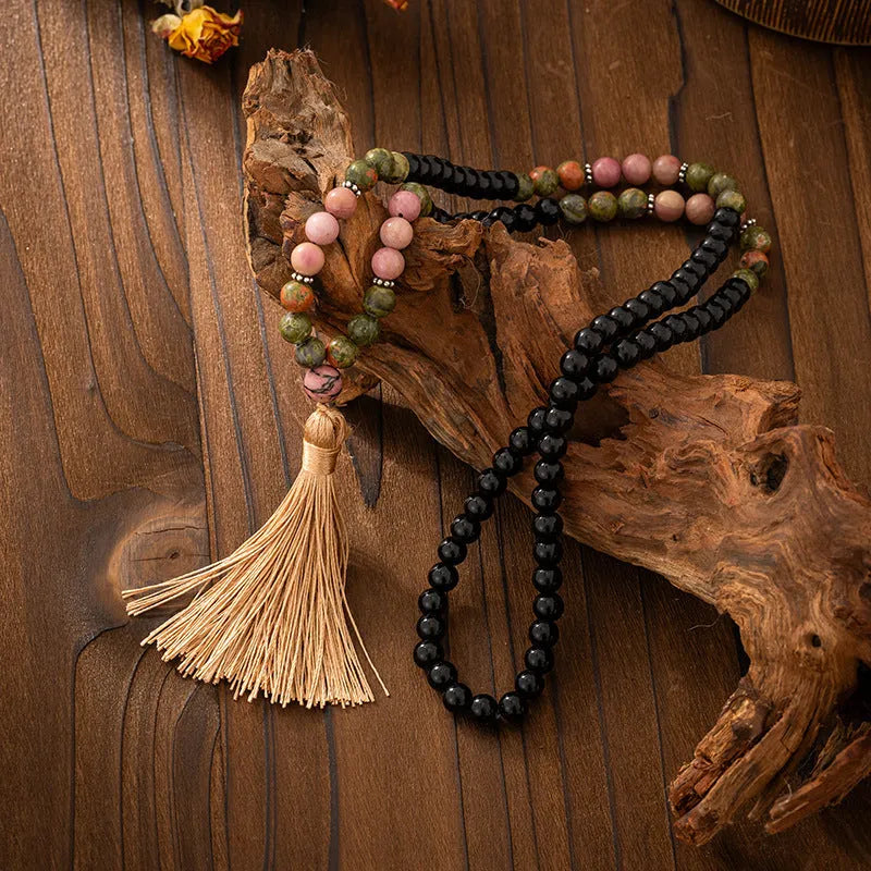 Vintage bohemian style beaded sweater chain with tassel detail and matching bracelet