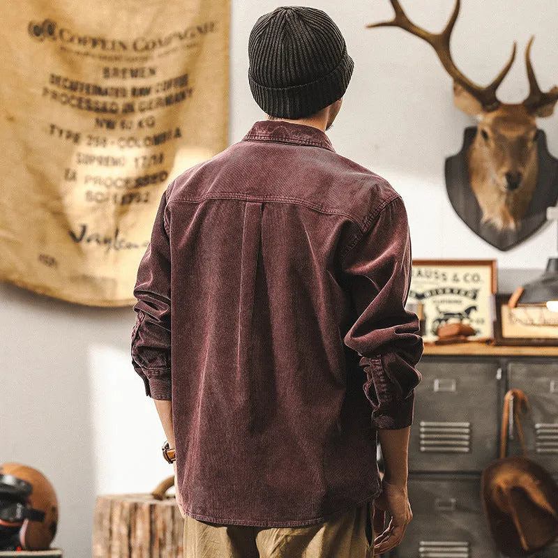 Men's loose-fit retro corduroy shirt in red, featuring long sleeves and a button-front design.