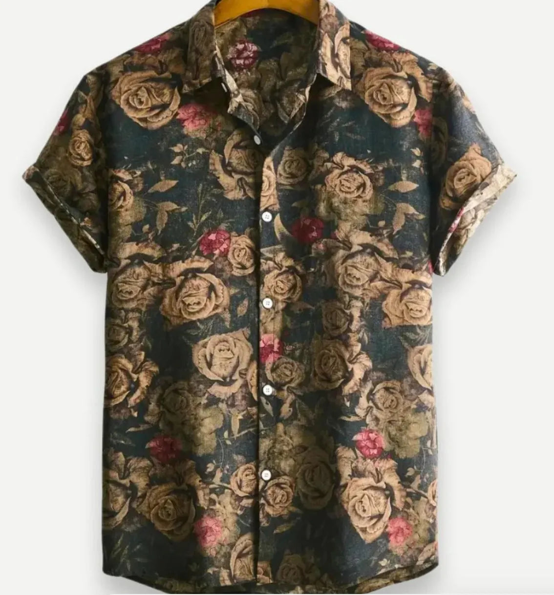 Man wearing a short sleeve Hawaiian floral print shirt with a lapel neckline, showcasing the digital print pattern.