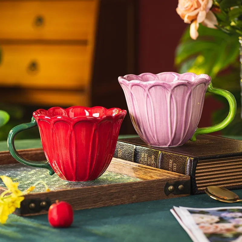 500ml ceramic breakfast cup with pastoral floral pattern and comfortable handle