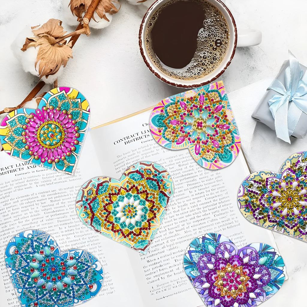 PU leather handmade bookmark set with crystal flower decorations, six pieces shown