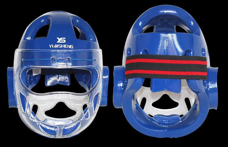 Karate helmet protective equipment in white blue red colours with S M L XL sizing for boxing head protection