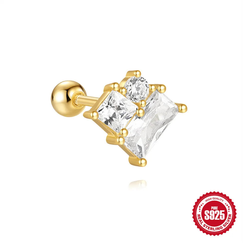 S925 Sterling Silver flower-shaped ear studs with square red gravel stones in a gold electroplated finish.