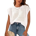 White women's sweater with crochet sleeves and round neckline