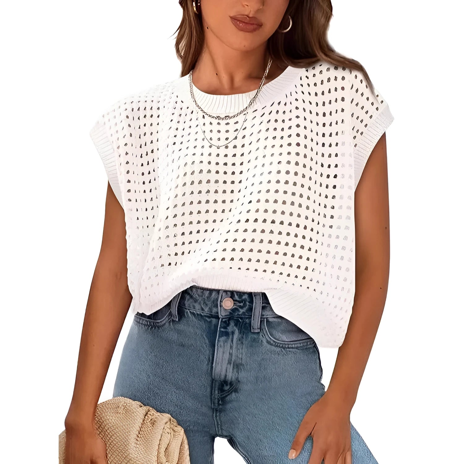 White women's sweater with crochet sleeves and round neckline