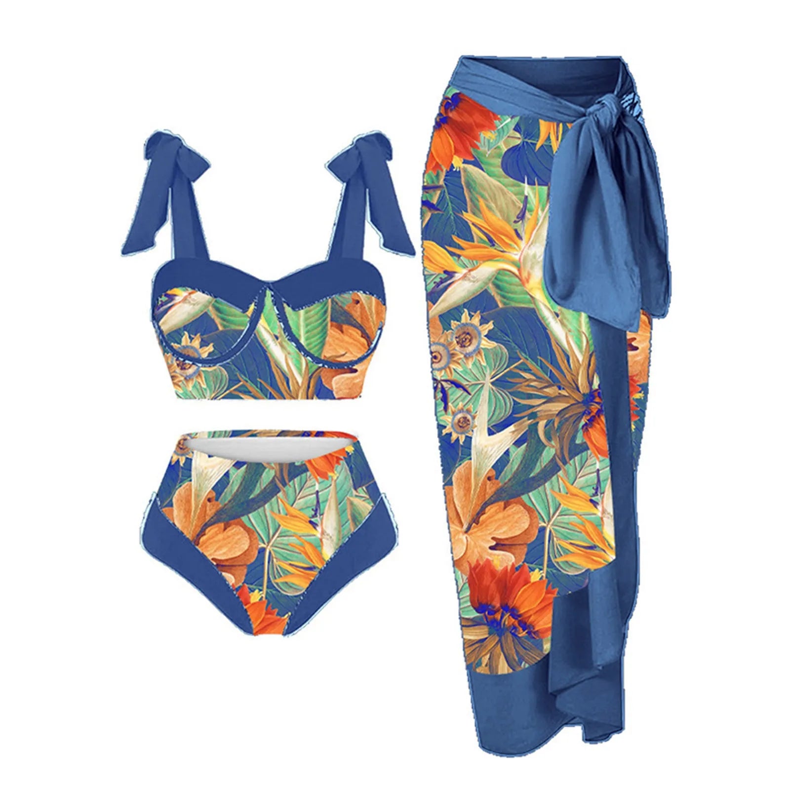 Women's printing split swimsuit three-piece set in a blue flower pattern, showing skirt, bra, and panties.