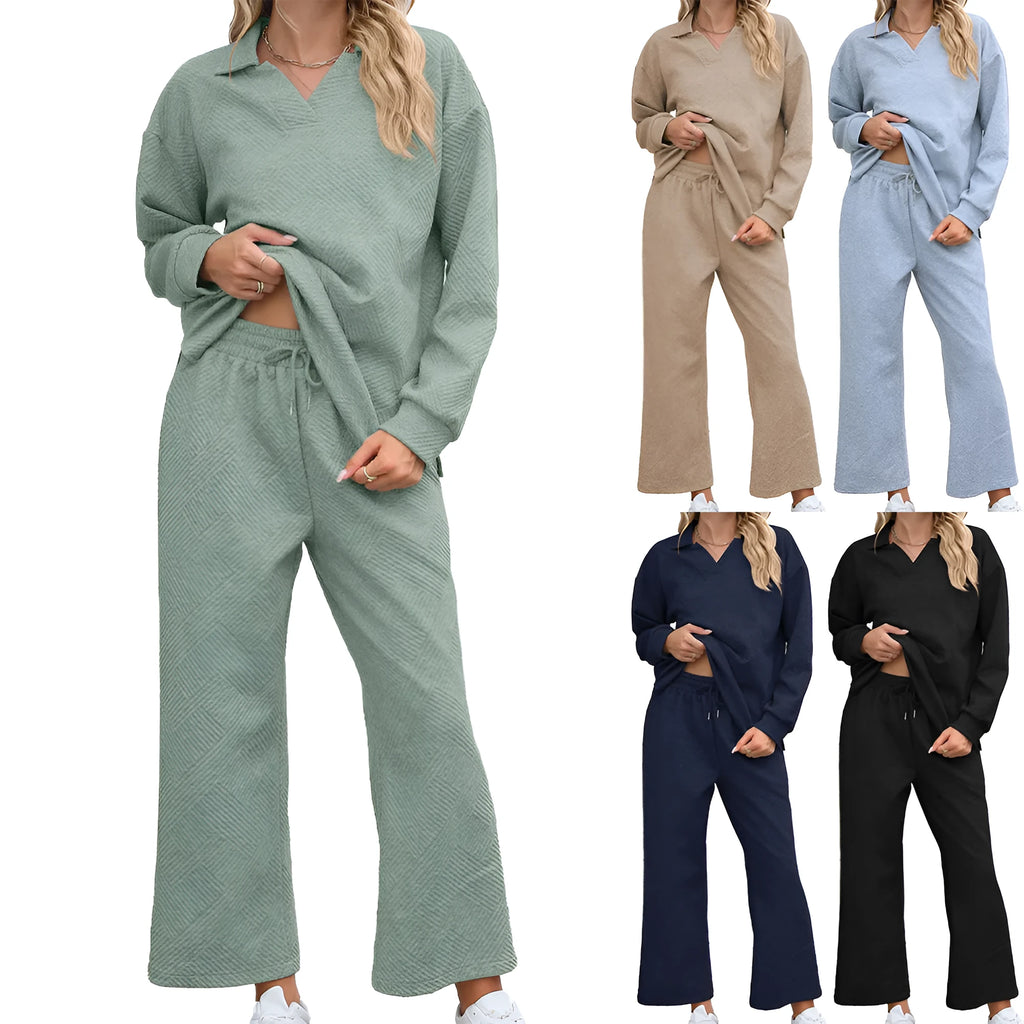 Women's solid colour knitted jacquard two-piece suit with lapel top and elastic waist cropped trousers