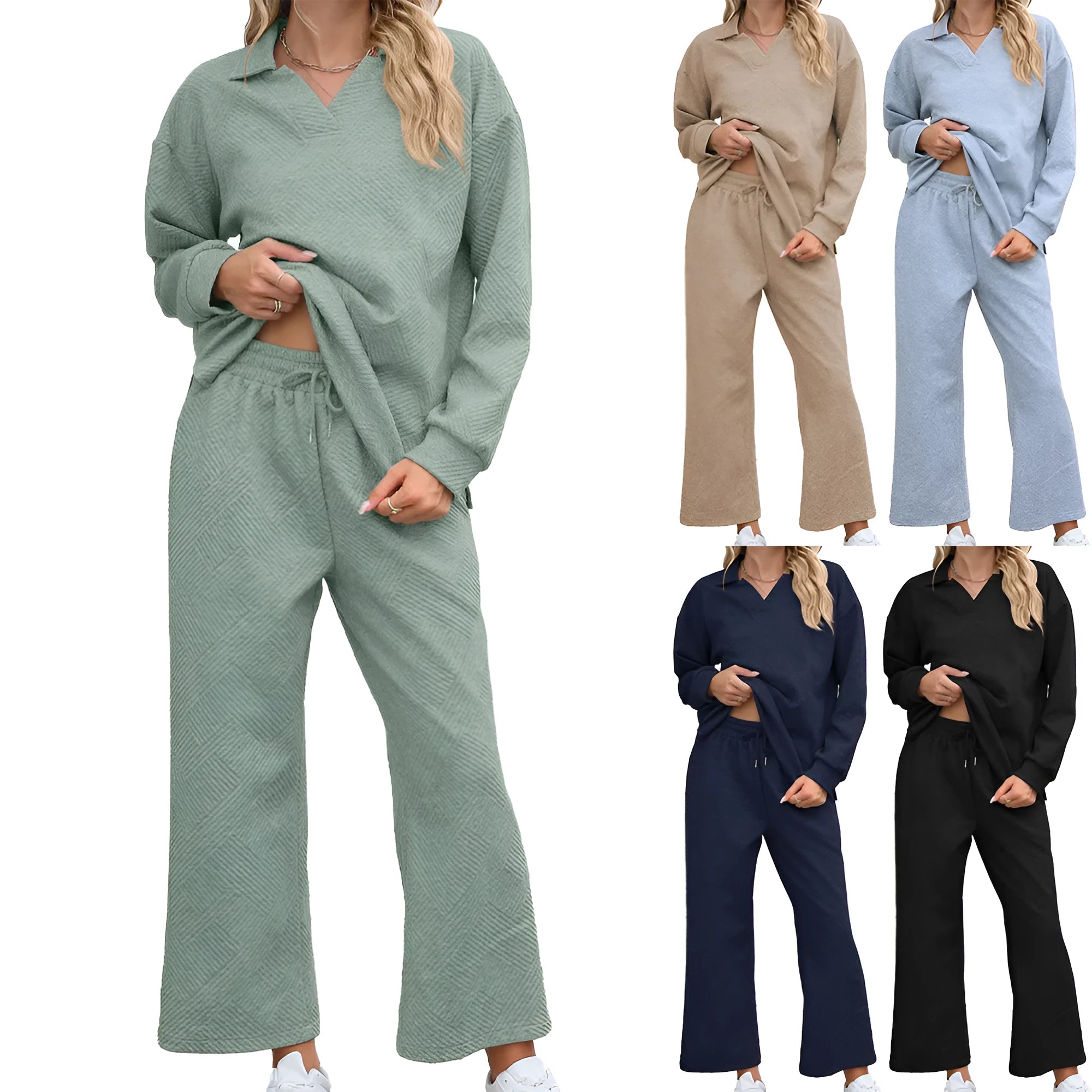 Women's solid colour knitted jacquard two-piece suit with lapel top and elastic waist cropped trousers