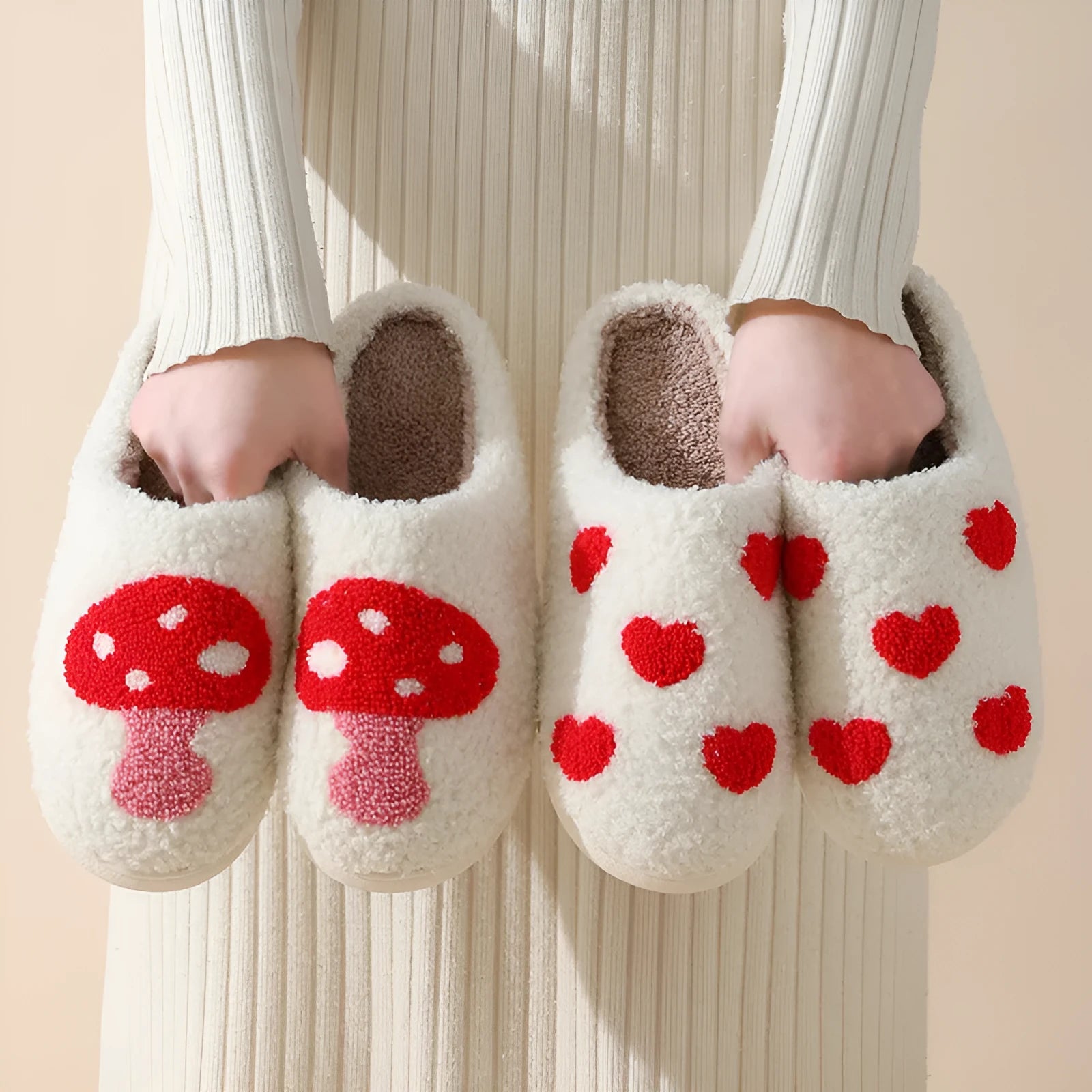 Plush cartoon love style slippers with round toe design and PVC sole