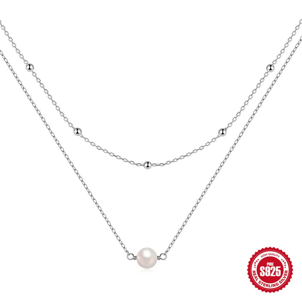 S925 sterling silver double layer necklace with geometric pearl pendant on ball bead chain