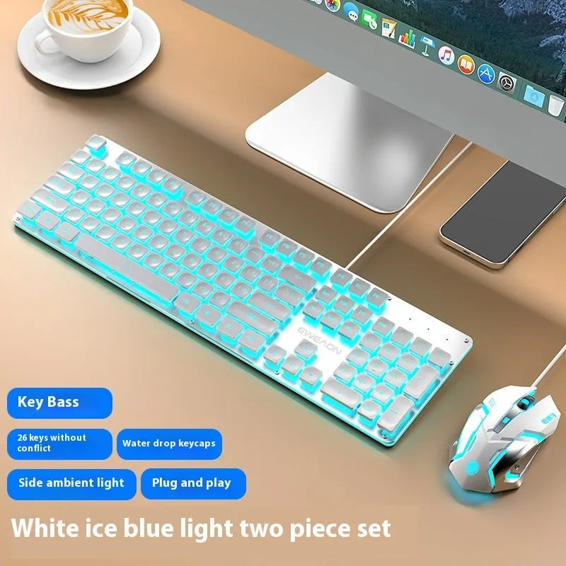 Wired mute keyboard with mechanical feel keys, shown in a Metal Black case with blue LED backlighting.