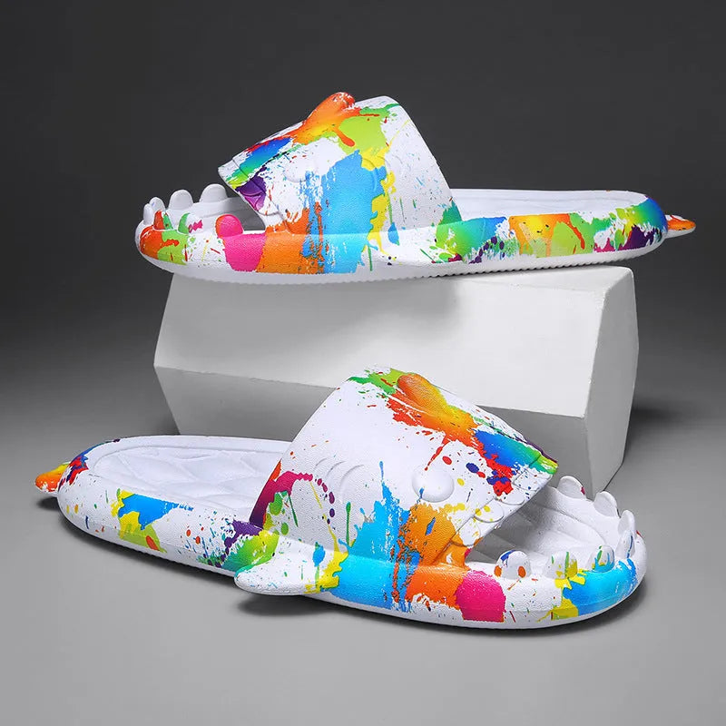 Shark design EVA open toe home slippers for men and women in various colours.