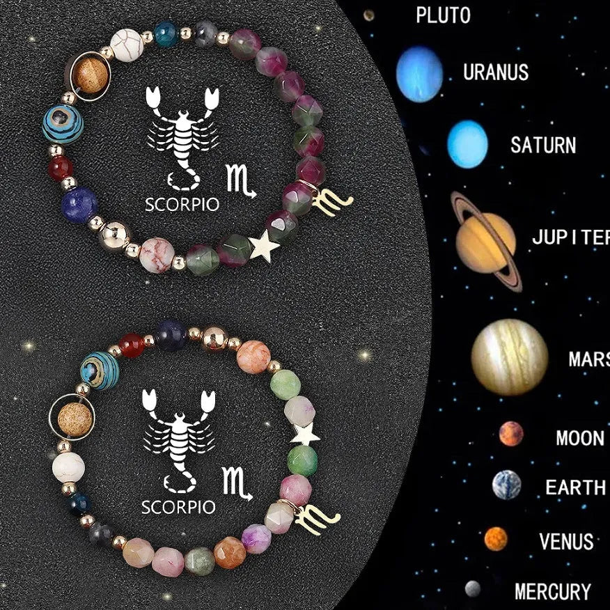 Set of twelve natural stone beaded bracelets, each representing a different zodiac sign.