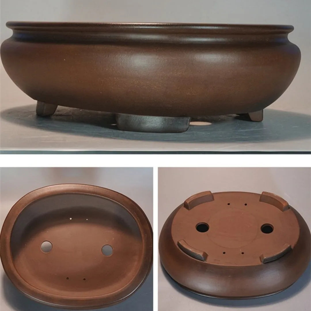 Handmade purple clay ceramic flowerpot measuring 58x47x18cm for indoor desktop plant displays.