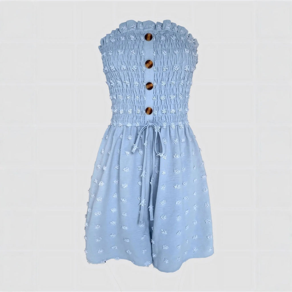 Women's solid colour off-shoulder sleeveless jumpsuit in blue showing Japanese Korean casual style with button detail